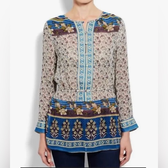 💥LAST CALL💥LUCKY BRAND Boho Purple Blue Peasant Semi-Sheer Tunic Top Sz L Blouse - Picture 1 of 9